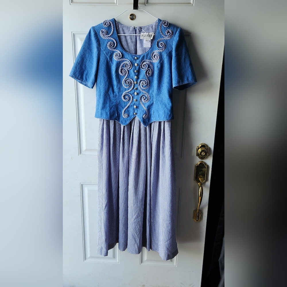 Vintage Cottagecore Dress Size 6 Plaza South 1995 Denim Gingham Check